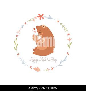 Mama orso con il bambino. Concetto di biglietto d'auguri per il giorno della Fata di Mamme. Illustrazione Vettoriale