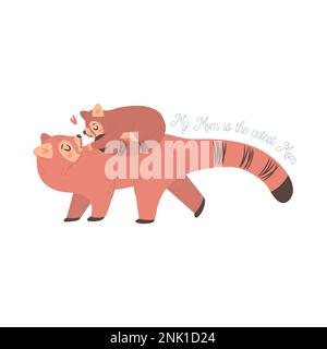 Panda Mama rossa con bambino. Concetto di biglietto d'auguri per il giorno della Fata di Mamme. Illustrazione Vettoriale