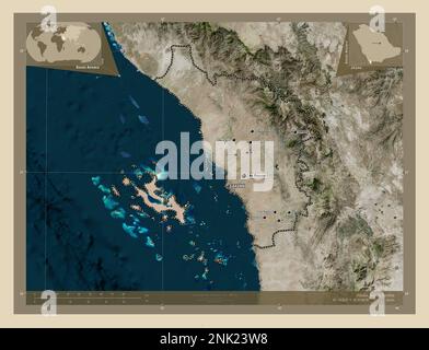 Jazan, regione dell'Arabia Saudita. Mappa satellitare ad alta risoluzione. Località e nomi delle principali città della regione. Mappe delle posizioni ausiliarie degli angoli Foto Stock