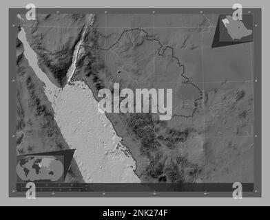 Tabuk, regione dell'Arabia Saudita. Mappa altimetrica bilivello con laghi e fiumi. Mappe delle posizioni ausiliarie degli angoli Foto Stock