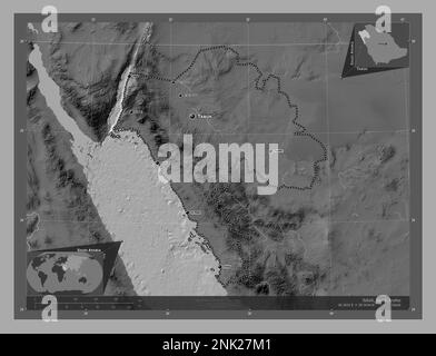 Tabuk, regione dell'Arabia Saudita. Mappa altimetrica bilivello con laghi e fiumi. Località e nomi delle principali città della regione. Posizione ausiliaria d'angolo Foto Stock