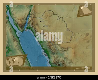 Tabuk, regione dell'Arabia Saudita. Mappa di altitudine colorata con laghi e fiumi. Località e nomi delle principali città della regione. Posizione ausiliaria d'angolo Foto Stock