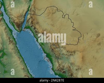 Tabuk, regione dell'Arabia Saudita. Mappa di altitudine colorata con laghi e fiumi Foto Stock