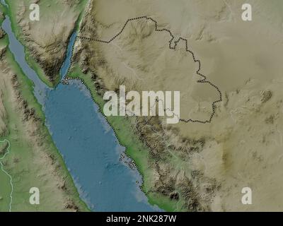 Tabuk, regione dell'Arabia Saudita. Mappa dell'altitudine colorata in stile wiki con laghi e fiumi Foto Stock