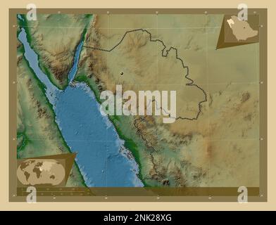 Tabuk, regione dell'Arabia Saudita. Mappa di altitudine colorata con laghi e fiumi. Mappe delle posizioni ausiliarie degli angoli Foto Stock