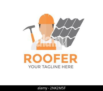 Design professionale Roofer duro lavoro con logo MAN. Profilo personale, simbolo Avatar, icona persone maschili. Lavoratore professionista di carpentiere o carpentiere maschio. Illustrazione Vettoriale