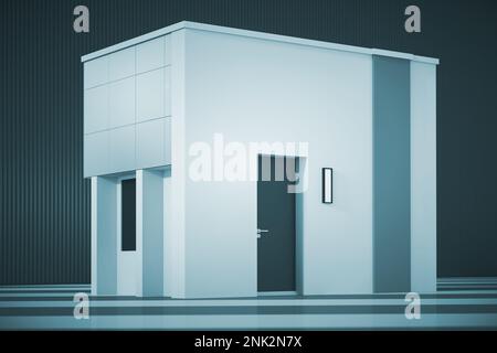 Edificio moderno di stile minimalista architettonico astratto esterno di un edificio d'affari di luce blu con sfondo a recinzione. rendering 3D Foto Stock