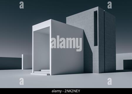 Edificio d'affari moderno e architettonico in stile minimalistico, esterno con sfondo cielo scuro. rendering 3D Foto Stock