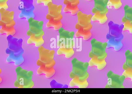File di colorati Gummy Candy Bears for Kids su sfondo rosa. rendering 3D Foto Stock