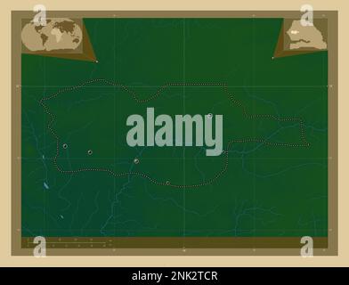 Diourbel, regione del Senegal. Mappa di altitudine colorata con laghi e fiumi. Posizioni delle principali città della regione. Mappe delle posizioni ausiliarie degli angoli Foto Stock