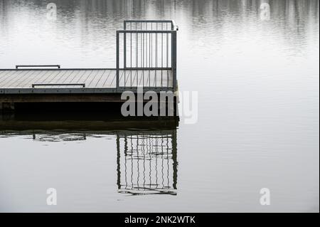 Molo in legno e scale nel bacino del wate del dominio ricreativo provinciale, Kessel-lo, Brabante Fiammingo, Belgio Foto Stock