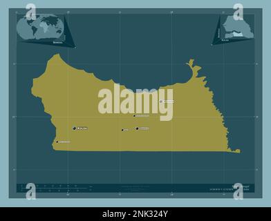 Kolda, regione del Senegal. Forma a tinta unita. Località e nomi delle principali città della regione. Mappe delle posizioni ausiliarie degli angoli Foto Stock