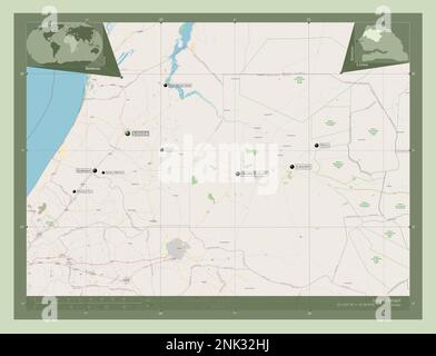 Louga, regione del Senegal. Aprire la mappa stradale. Località e nomi delle principali città della regione. Mappe delle posizioni ausiliarie degli angoli Foto Stock