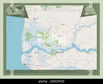 Ziguinchor, regione del Senegal. Aprire la mappa stradale. Località e nomi delle principali città della regione. Mappe delle posizioni ausiliarie degli angoli Foto Stock