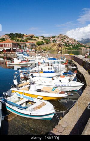 Bootjes in de haven van Molivos op Lesbo; barche nel porto di Molivos su Lesbo Foto Stock