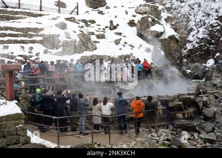 12 febbraio 2023, Yamanochi, Prefettura di Nagano, Giappone: Turisti, viaggiatori e visitatori. Osservando le famosissime Nagano Snow Monkeys che si riscaldano vicino alle sorgenti termali vulcaniche in una giornata invernale al di sotto della temperatura di congelamento. Jigokudani Yaen-Koen, o Parco delle scimmie delle nevi, è una popolare destinazione turistica. Situato nelle Alpi giapponesi, i visitatori possono osservare i macachi giapponesi o le scimmie della neve, rilassandosi nelle sorgenti termali di onsen durante i mesi invernali. Fauna selvatica, natura, inverno, zoo, nazionale geografico, sul turismo, non lasciare traccia, l'ambiente. (Credit Image: © Taidgh Barron/ZUMA Press Wire) EDITO Foto Stock