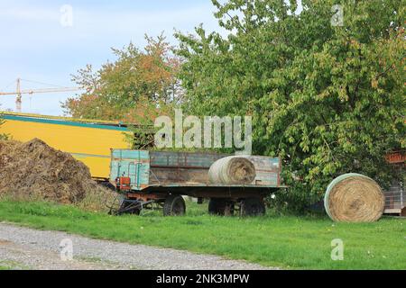 Rimorchio per il trasporto di balle di fieno in un prato Foto Stock