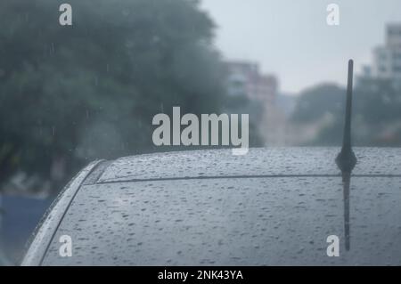 Tetto di una macchina con antenna la vista in una giornata piovosa con spazio per il testo a sinistra. Foto Stock