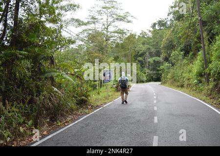 Tourist è a piedi sulla strada per Orang utan santuario in Kuching Malesia. Foto Stock