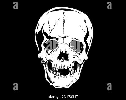 Vecchia scuola tradizionale tatuaggio ispirato fresco disegno grafico illustrazione cranio umano testa in bianco e nero Foto Stock