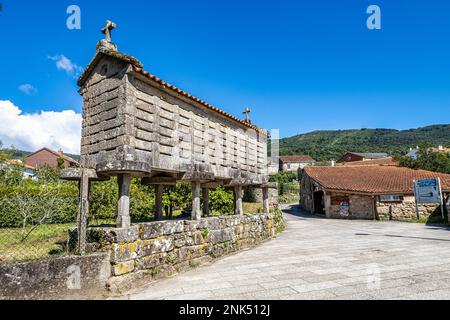 Il lungo e stretto magazzino di grano, horreo a Carnota in Galizia, Spagna. Questo horreo particolare è stato dichiarato come la più grande completa e di origine della regione Foto Stock