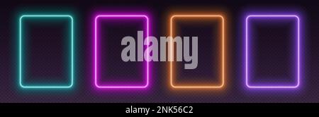 Cornici rettangolari al neon, set di bordi luminosi, elementi di progettazione UI futuristici e colorati. Illustrazione Vettoriale