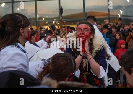 Alsasua, Navarra, Spagna. 20th Feb, 2023. (NOTA DELL'EDITORE : l'immagine contiene contenuti grafici).A 'momotxorroak' carattere tipico del carnevale, macchia il suo volto con sangue di ariete, per evitare spiriti malvagi durante il Carnevale di Alsasua. Il Carnevale coinvolge il Momotxorro, un personaggio di origine sconosciuta, mezzo uomo e mezzo toro che spaventa e ''attacca'' chiunque sia nel suo cammino. (Credit Image: © Elsa A Bravo/SOPA Images via ZUMA Press Wire) SOLO PER USO EDITORIALE! Non per USO commerciale! Foto Stock