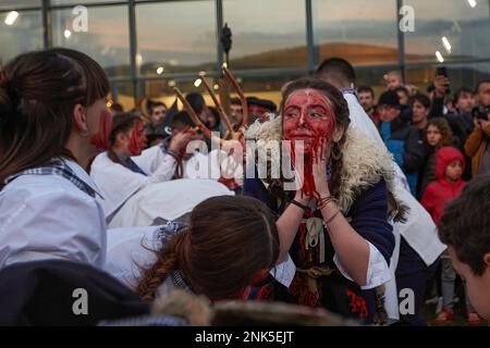 Alsasua, Navarra, Spagna. 20th Feb, 2023. (NOTA DELL'EDITORE : l'immagine contiene contenuti grafici).A 'momotxorroak' carattere tipico del carnevale, macchia il suo volto di sangue animale, per evitare spiriti malvagi durante il Carnevale Alsasua. Il Carnevale coinvolge il Momotxorro, un personaggio di origine sconosciuta, mezzo uomo e mezzo toro che spaventa e ''attacca'' chiunque sia nel suo cammino. (Credit Image: © Elsa A Bravo/SOPA Images via ZUMA Press Wire) SOLO PER USO EDITORIALE! Non per USO commerciale! Foto Stock