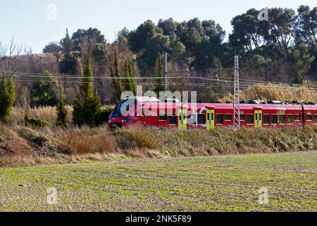 TER. Trasporto ferroviario di passeggeri tra Beziers e Narbonne. Occitanie, Francia Foto Stock