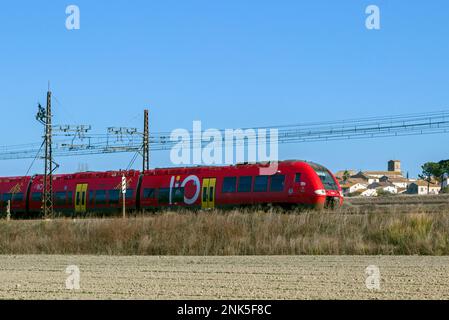 TER. Trasporto ferroviario di passeggeri tra Beziers e Narbonne. Occitanie, Francia Foto Stock