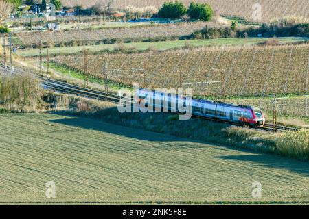 TER. Trasporto ferroviario di passeggeri tra Beziers e Narbonne. Occitanie, Francia Foto Stock