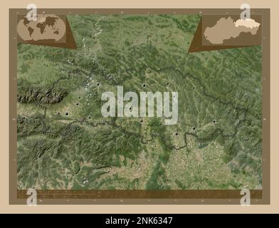 Presovsky, regione della Slovacchia. Mappa satellitare a bassa risoluzione. Posizioni delle principali città della regione. Mappe delle posizioni ausiliarie degli angoli Foto Stock