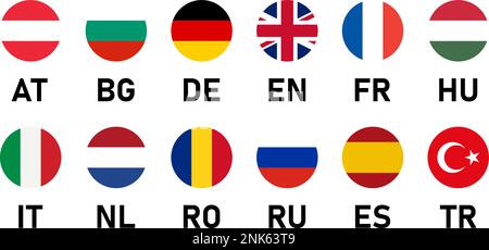 Icona Bandiera rotonda insieme di Austria Bulgaria Germania Regno Unito Francia Ungheria Italia Paesi Bassi Romania Russia Spagna e Turchia. Immagine vettoriale. Illustrazione Vettoriale