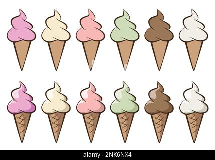 gelato - set di gelati con diversi gusti in un cono, colore vettoriale illustrazione isolato su bianco Illustrazione Vettoriale