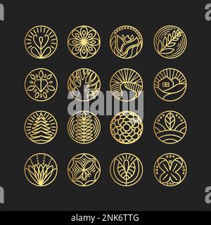 Set di logo di lusso, collezione Best Selected. Set vettoriale di modelli e emblemi con logo in stile lineare alla moda in colori dorati su sfondo nero Illustrazione Vettoriale