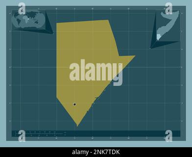 Jubada Hoose, regione della Somalia. Forma a tinta unita. Posizioni delle principali città della regione. Mappe delle posizioni ausiliarie degli angoli Foto Stock