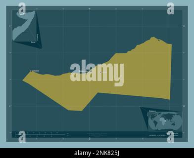 Sahil, regione della Somalia. Forma a tinta unita. Località e nomi delle principali città della regione. Mappe delle posizioni ausiliarie degli angoli Foto Stock