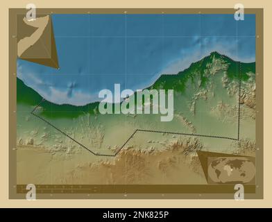 Sahil, regione della Somalia. Mappa di altitudine colorata con laghi e fiumi. Posizioni delle principali città della regione. Mappe delle posizioni ausiliarie degli angoli Foto Stock