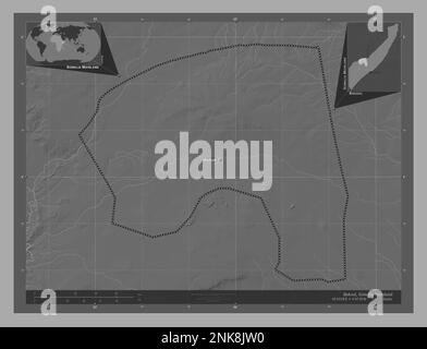 Bakool, regione della Somalia continentale. Mappa altimetrica bilivello con laghi e fiumi. Località e nomi delle principali città della regione. Ausiliario angolo l Foto Stock