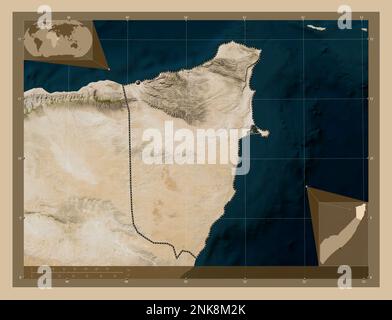 Bari, regione della Somalia continentale. Mappa satellitare a bassa risoluzione. Mappe delle posizioni ausiliarie degli angoli Foto Stock