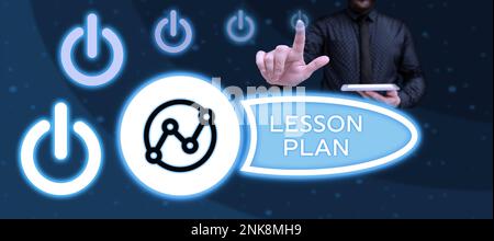 Cartello che mostra il piano della lezione. Parola per la descrizione dettagliata del corso di istruzione da parte di un insegnante Foto Stock