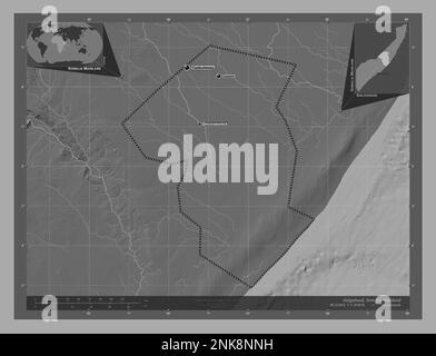 Galgaduud, regione della Somalia continentale. Mappa altimetrica bilivello con laghi e fiumi. Località e nomi delle principali città della regione. Ausiliario angolo Foto Stock