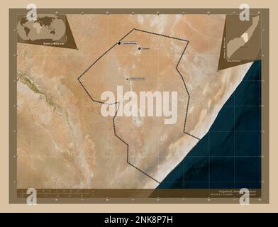 Galgaduud, regione della Somalia continentale. Mappa satellitare a bassa risoluzione. Località e nomi delle principali città della regione. Mappe delle posizioni ausiliarie degli angoli Foto Stock