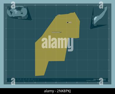 Gedo, regione della Somalia continentale. Forma a tinta unita. Località e nomi delle principali città della regione. Mappe delle posizioni ausiliarie degli angoli Foto Stock