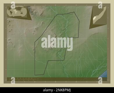 Gedo, regione della Somalia continentale. Mappa dell'altitudine colorata in stile wiki con laghi e fiumi. Mappe delle posizioni ausiliarie degli angoli Foto Stock