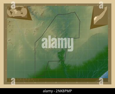 Gedo, regione della Somalia continentale. Mappa di altitudine colorata con laghi e fiumi. Mappe delle posizioni ausiliarie degli angoli Foto Stock