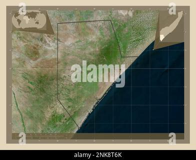 Jubbada Hoose, regione della Somalia continentale. Mappa satellitare ad alta risoluzione. Mappe delle posizioni ausiliarie degli angoli Foto Stock