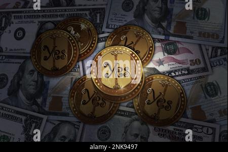Sì o No scelta di decisione casuale e scommettere moneta d'oro su banconote in dollari. Illustrazione del concetto astratto 3D. Foto Stock