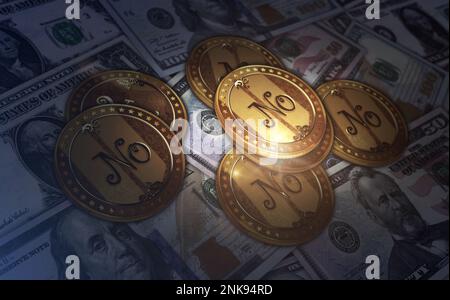 Sì o No scelta di decisione casuale e scommettere moneta d'oro su banconote in dollari. Illustrazione del concetto astratto 3D. Foto Stock