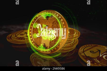 Sì o No scelta di decisione casuale e giocare moneta d'oro su sfondo verde schermo. Illustrazione del concetto astratto 3D. Foto Stock